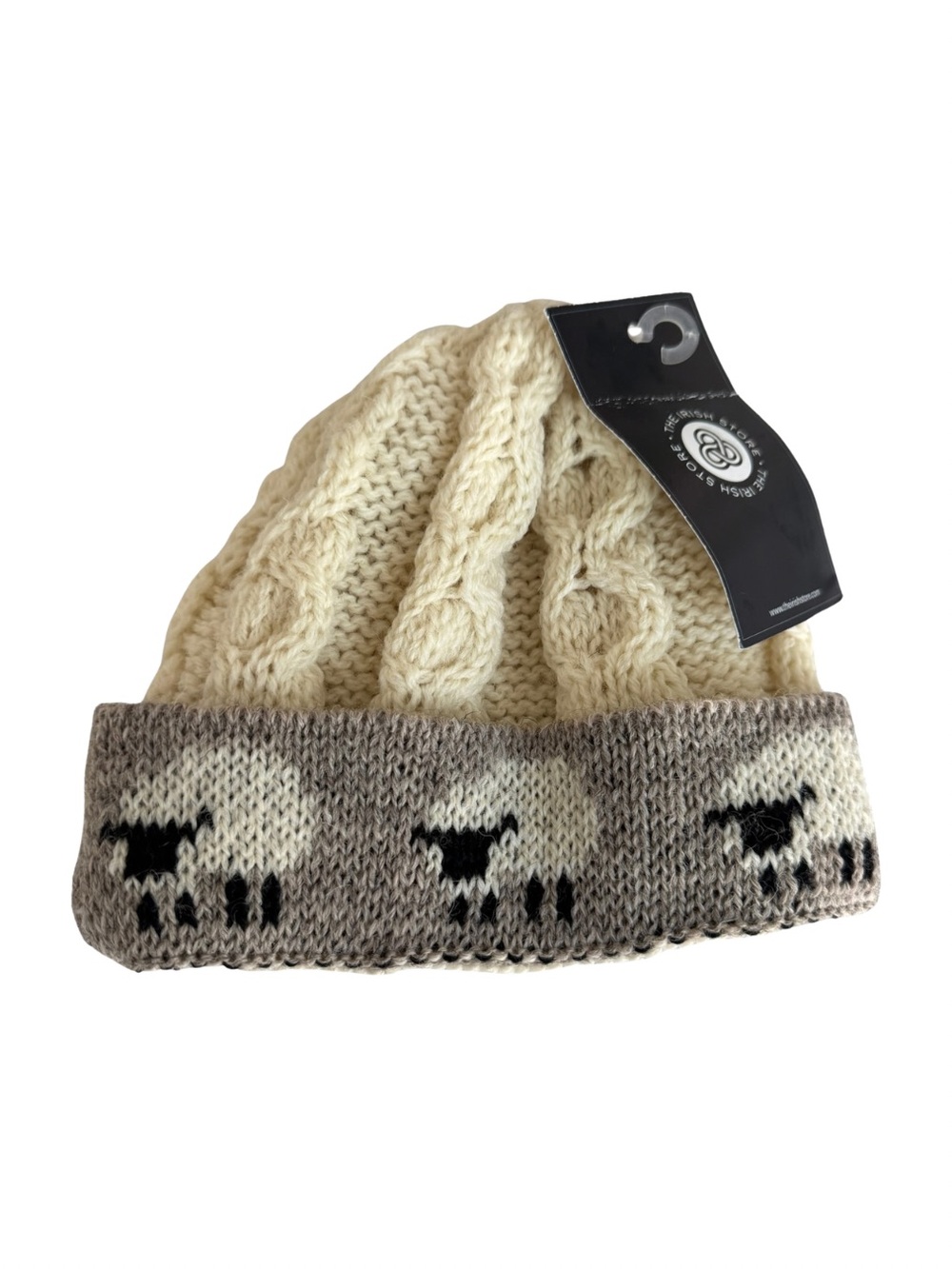 NWT The Irish Store Kids Cream Cable Knit Beanie with Sheep Motif